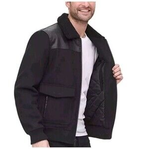 DKNY Men's Bomber Jacket with Faux Leather/Fur Collar, Black, Size Medium